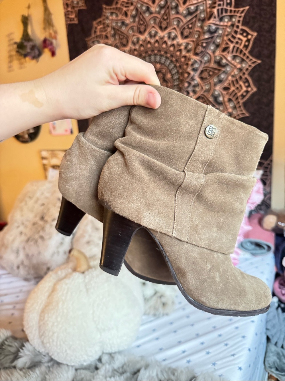 BCBG Taupe Suede Fold-Over Ankle Booties
